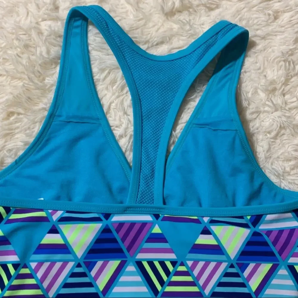 Justice Girls Swim Tank Blue and Geometric Print